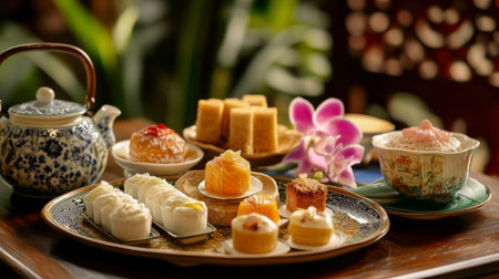 A serene setting of a tea ceremony featuring Thai desserts served on delicate china, emphasizing the elegance and refinement of enjoying sweets in Thai culture.の素材