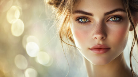 A portrait of a woman with flawless makeup and sparkling eyes, set against a soft background, highlighting the beauty and elegance of a well-done look.の素材