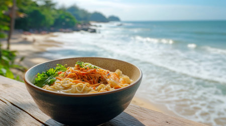 A picturesque beachside dining experience featuring a bowl of with waves in the background, highlighting the perfect blend of flavor and location.の素材