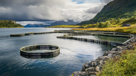 A picturesque coastal scene with a salmon farm in the background, highlighting sustainable aquaculture practices and the beauty of seafood production.の素材