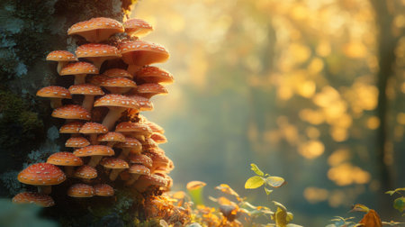 A picturesque scene of a tree laden with mushrooms, with soft focus on the background, capturing the enchanting allure of nature in the wild.の素材
