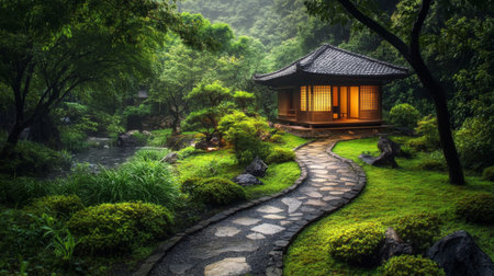 A picturesque scene of a Japanese tea house nestled among lush greenery, with a stone pathway leading to the entrance, embodying peace and harmony with nature.の素材