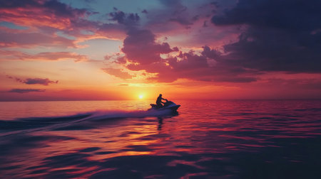 A picturesque sunset scene with a lone jet skier silhouetted against the colorful sky, creating a tranquil yet adventurous atmosphere on the water.の素材