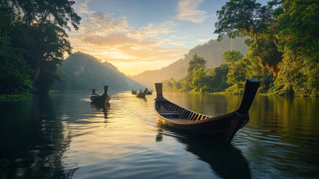 A picturesque view of traditional long-tail boats gliding smoothly on a calm river at sunrise, surrounded by lush greenery, capturing the tranquility of nature.の素材