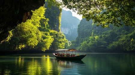 A picturesque scene of a boat filled with assorted gliding through calm waters, framed by lush greenery, capturing the tranquility of nature.の素材