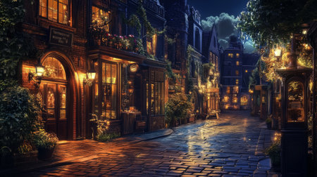 A picturesque street scene featuring historical architecture lit up at night, with shadows and warm lights creating a romantic ambiance.の素材