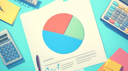 A pie chart on a piece of paper surrounded by office supplies like a calculator, pen, and notes, representing a financial report in progress.の素材