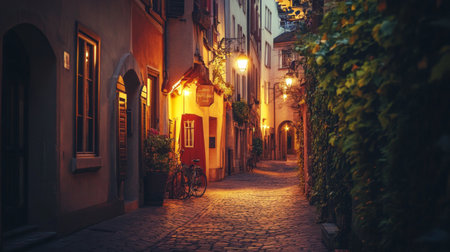 A picturesque street scene featuring historical architecture lit up at night, with shadows and warm lights creating a romantic ambiance.の素材