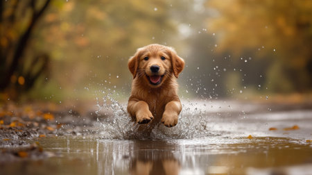A playful golden retriever puppy splashing in a puddle, capturing the exuberance and carefree spirit of dogs in their element.の素材