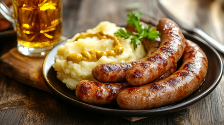 A plate of traditional German sausages served with mashed potatoes, mustard, and a pint of beer on a wooden table at an Oktoberfest celebration.の素材