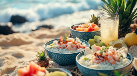 A picturesque beach picnic scene featuring bowls of seafood rice porridge, with tropical fruits and refreshing drinks, inviting guests to enjoy a flavorful meal by the sea.の素材