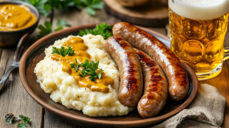 A plate of traditional German sausages served with mashed potatoes, mustard, and a pint of beer on a wooden table at an Oktoberfest celebration.の素材