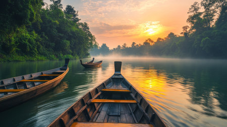 A picturesque view of traditional long-tail boats gliding smoothly on a calm river at sunrise, surrounded by lush greenery, capturing the tranquility of nature.の素材