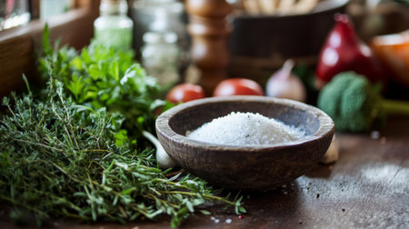 A rustic kitchen scene with a bowl of cooking salt next to fresh herbs and vegetables, illustrating the importance of seasoning in enhancing flavors.の素材