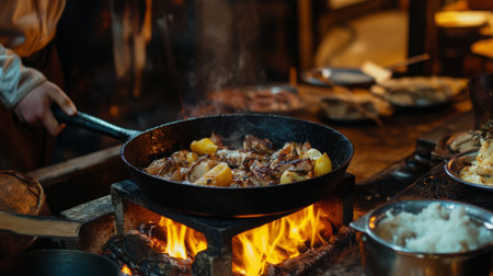 A rustic setting featuring a traditional cooking method for with a cast iron pan over an open flame, emphasizing the authentic preparation process.の素材