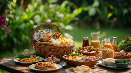 A serene picnic scene with a basket filled with and various side dishes, set against a lush green backdrop, showcasing outdoor dining enjoymentの素材