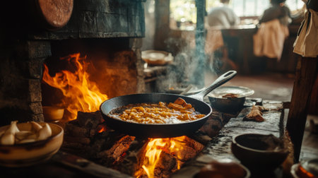 A rustic setting featuring a traditional cooking method for with a cast iron pan over an open flame, emphasizing the authentic preparation process.の素材