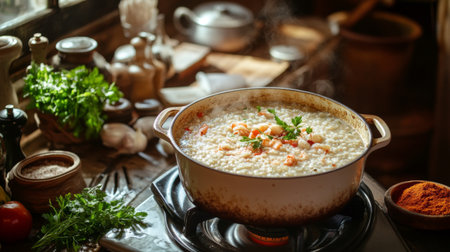 A rustic kitchen setting with a large pot of bubbling seafood rice porridge on the stove, surrounded by fresh herbs and spices, showcasing the process of home cooking.の素材