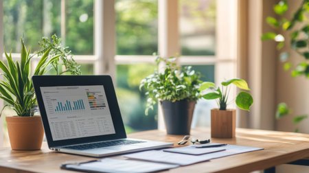 A serene workspace featuring a financial planner's desk with charts, a laptop, and a plant, highlighting the importance of organization in business finance.の素材