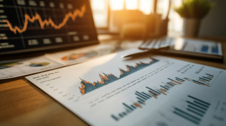 A printed stock chart with rising and falling trends, lying on a desk alongside financial graphs and investment planning materials.の素材