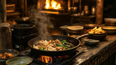 A rustic setting featuring a traditional cooking method for with a cast iron pan over an open flame, emphasizing the authentic preparation process.の素材