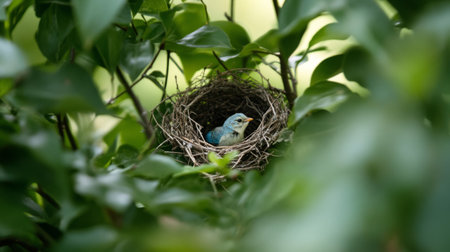 A serene scene of a bird's nest hidden among green leaves, with baby birds peeking out, showcasing the beauty and vulnerability of wildlife in nature.の素材