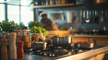A serene kitchen with spices neatly organized, pots simmering on the stove, and a chef preparing a delicious Indian curry, illustrating the heart of home cooking.の素材