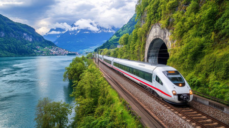 A scenic shot of a high-speed train traveling along a river with a tunnel in the background, showcasing the integration of railways with natural landscapes.の素材
