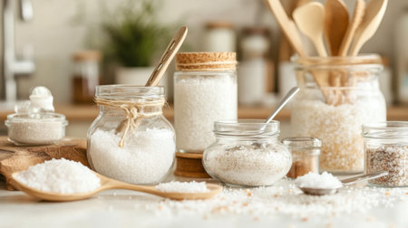 A serene kitchen countertop with jars of different salts, including cooking salt, alongside measuring spoons, emphasizing the art of cooking.の素材