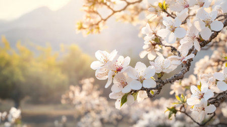 A picturesque scene of an almond tree in full bloom, with delicate white flowers, emphasizing the natural beauty of almond cultivation.の素材