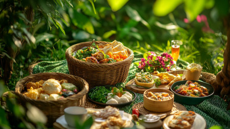 A serene picnic scene with a basket filled with and various side dishes, set against a lush green backdrop, showcasing outdoor dining enjoymentの素材