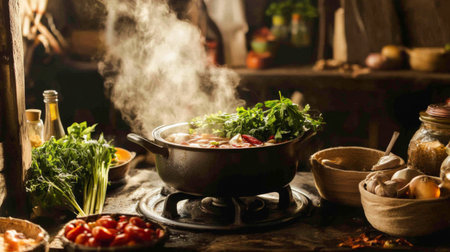 A rustic kitchen scene with a pot of freshly cooked on the stove, surrounded by fresh ingredients and spices, capturing the essence of traditional cooking.の素材