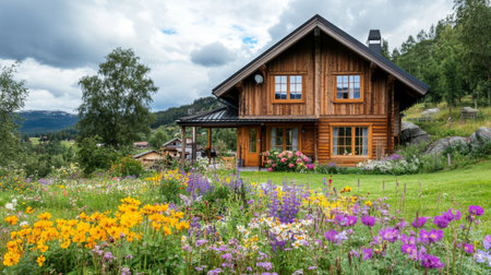 A picturesque wooden Nordic house with a sloped roof, surrounded by a vibrant flower garden in summer, emphasizing the connection between home and nature.の素材