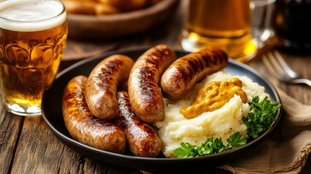 A plate of traditional German sausages served with mashed potatoes, mustard, and a pint of beer on a wooden table at an Oktoberfest celebration.の素材