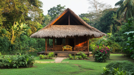 A picturesque view of a garden house with wooden beams and a thatched roof, surrounded by tropical foliage, emphasizing the beauty of rural architecture.の素材