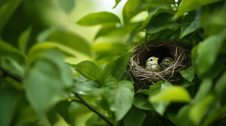 A serene scene of a bird's nest hidden among green leaves, with baby birds peeking out, showcasing the beauty and vulnerability of wildlife in nature.の素材