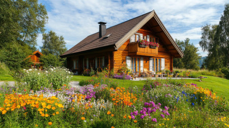 A picturesque wooden Nordic house with a sloped roof, surrounded by a vibrant flower garden in summer, emphasizing the connection between home and nature.の素材