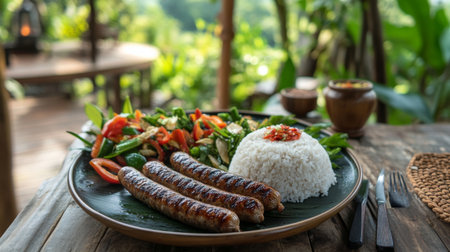 A traditional Thai breakfast featuring grilled sausages, sticky rice, and fresh vegetables served on a wooden table with a rural backdrop.の素材