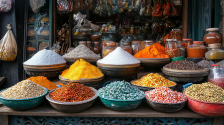 A vibrant outdoor market stall showcasing various types of salt, including cooking salt, surrounded by colorful spices and ingredients.の素材
