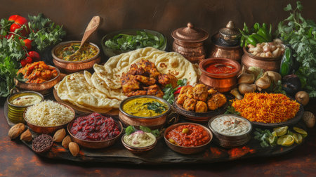 A vibrant platter of assorted Indian dishes including butter chicken, biryani, and naan, beautifully presented with colorful spices and herbs, showcasing the diversity of Indian cuisine.の素材