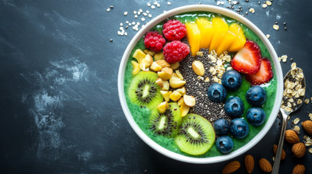 A vibrant smoothie bowl topped with a variety of seeds, nuts, and fresh fruits, emphasizing the trend of healthy eating and colorful presentationの素材