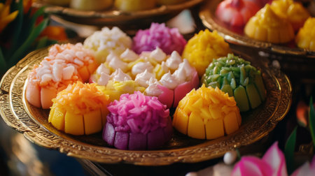 A vibrant display of colorful Thai desserts like mango sticky rice and coconut custard, beautifully arranged on a traditional plate, inviting viewers to indulge.の素材