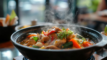 A steaming bowl of served with a side of vibrant stir-fried vegetables and grilled chicken, capturing the essence of a comforting Thai meal.の素材