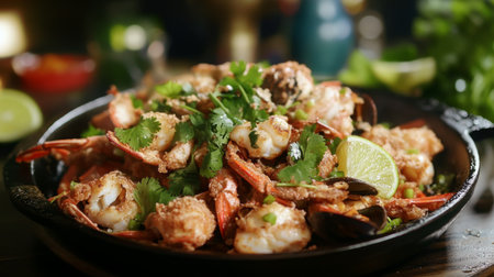 A sizzling plate of crispy fried shellfish served hot, garnished with fresh cilantro and lime wedges, highlighting the delicious textures and flavors of this popular Thai dish.の素材
