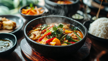 A steaming bowl of served with a side of vibrant stir-fried vegetables and grilled chicken, capturing the essence of a comforting Thai meal.の素材