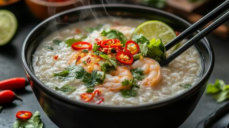 A steaming bowl of seafood rice porridge garnished with fresh herbs, sliced chilies, and a squeeze of lime, served with chopsticks, inviting diners to enjoy a comforting meal.の素材