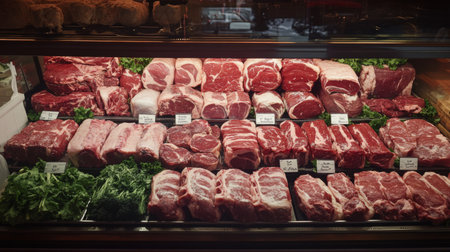 A vibrant butcher shop display featuring a variety of fresh cuts of meat, showcasing the rich colors and textures that highlight quality and freshness.の素材