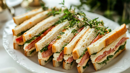 A stylish plate of gourmet sandwiches cut into triangles, beautifully arranged with a garnish of herbs, perfect for an upscale brunch or catering eventの素材