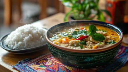 A steaming bowl of served with a side of jasmine rice, placed on a colorful tablecloth, highlighting the comforting essence of traditional Thai cuisineの素材
