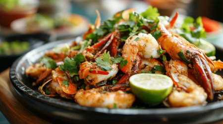 A sizzling plate of crispy fried shellfish served hot, garnished with fresh cilantro and lime wedges, highlighting the delicious textures and flavors of this popular Thai dish.の素材
